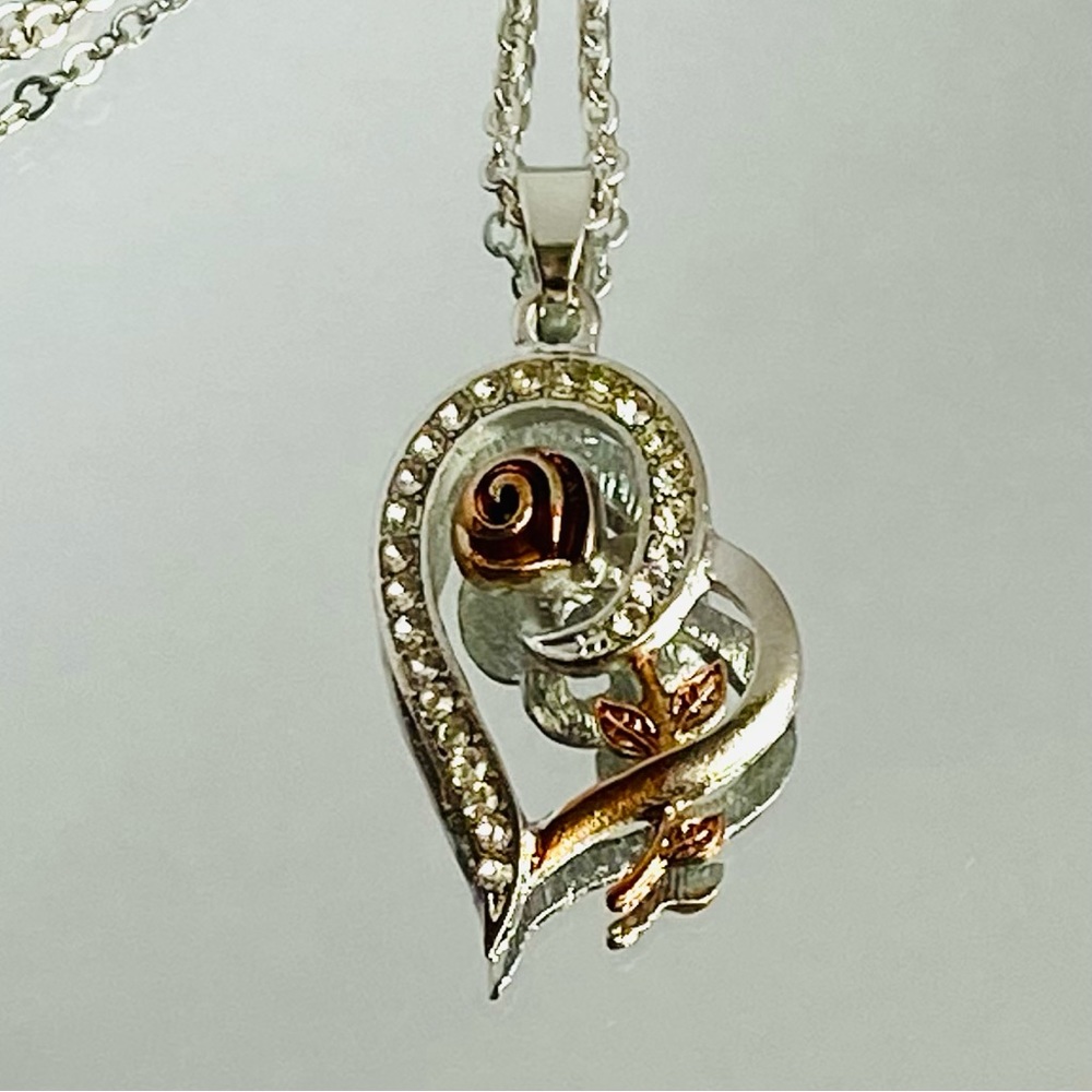 14k White Gold CZ Cubic Zircon Rose Flower Heart Pendant Necklace Chain Love - Picture 9 of 12
